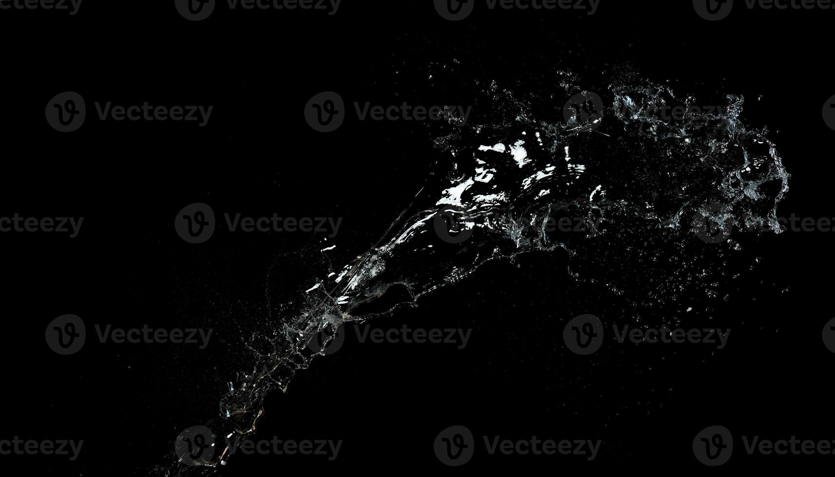 long stream of fresh transparent water isolated on black background. Splash and splash photo