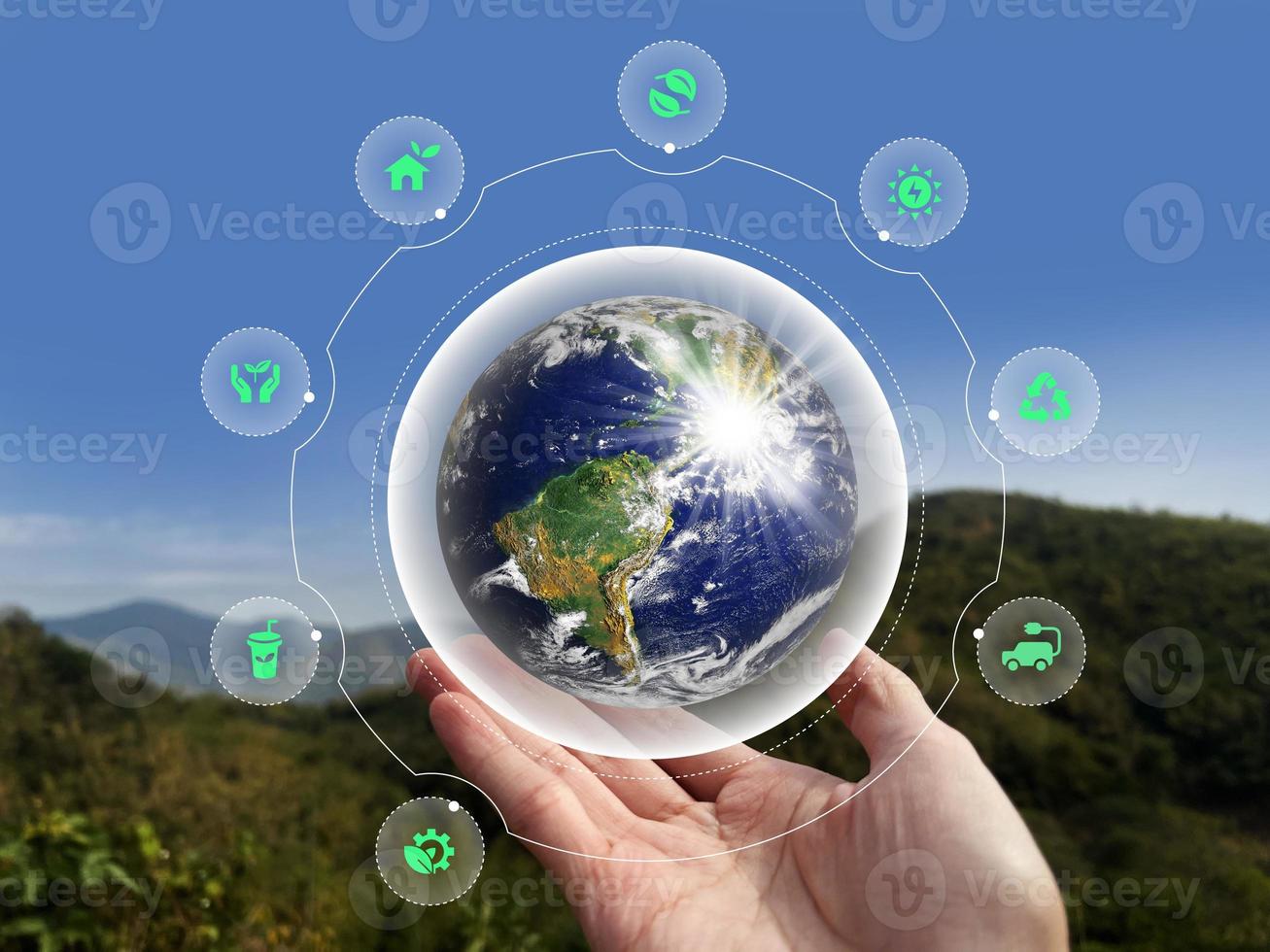 objetivos de desarrollo sostenible de promover energía limpia, negocio verde renovable. sostenibilidad en energías renovables y cultivo ecológico en energías verdes. elementos de esta imagen proporcionados por la nasa foto