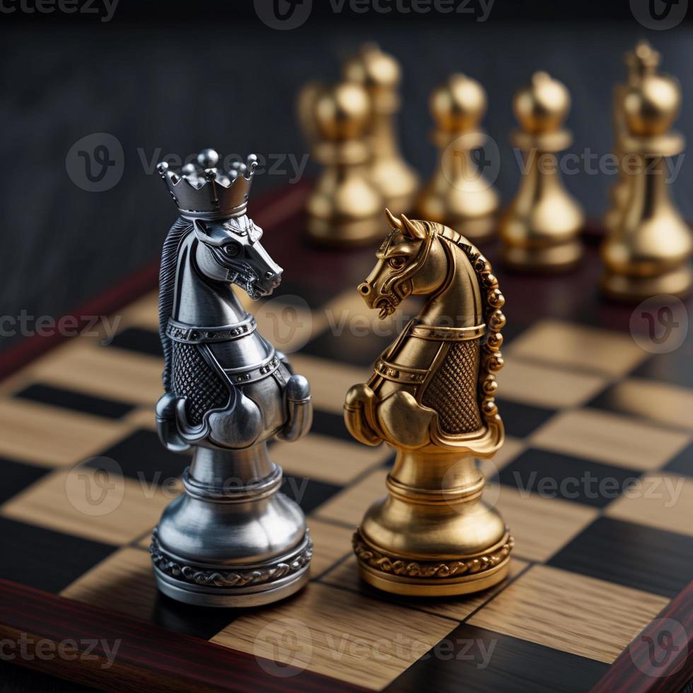 Gold and silver chess on chess board game for business metaphor leadership concept photo