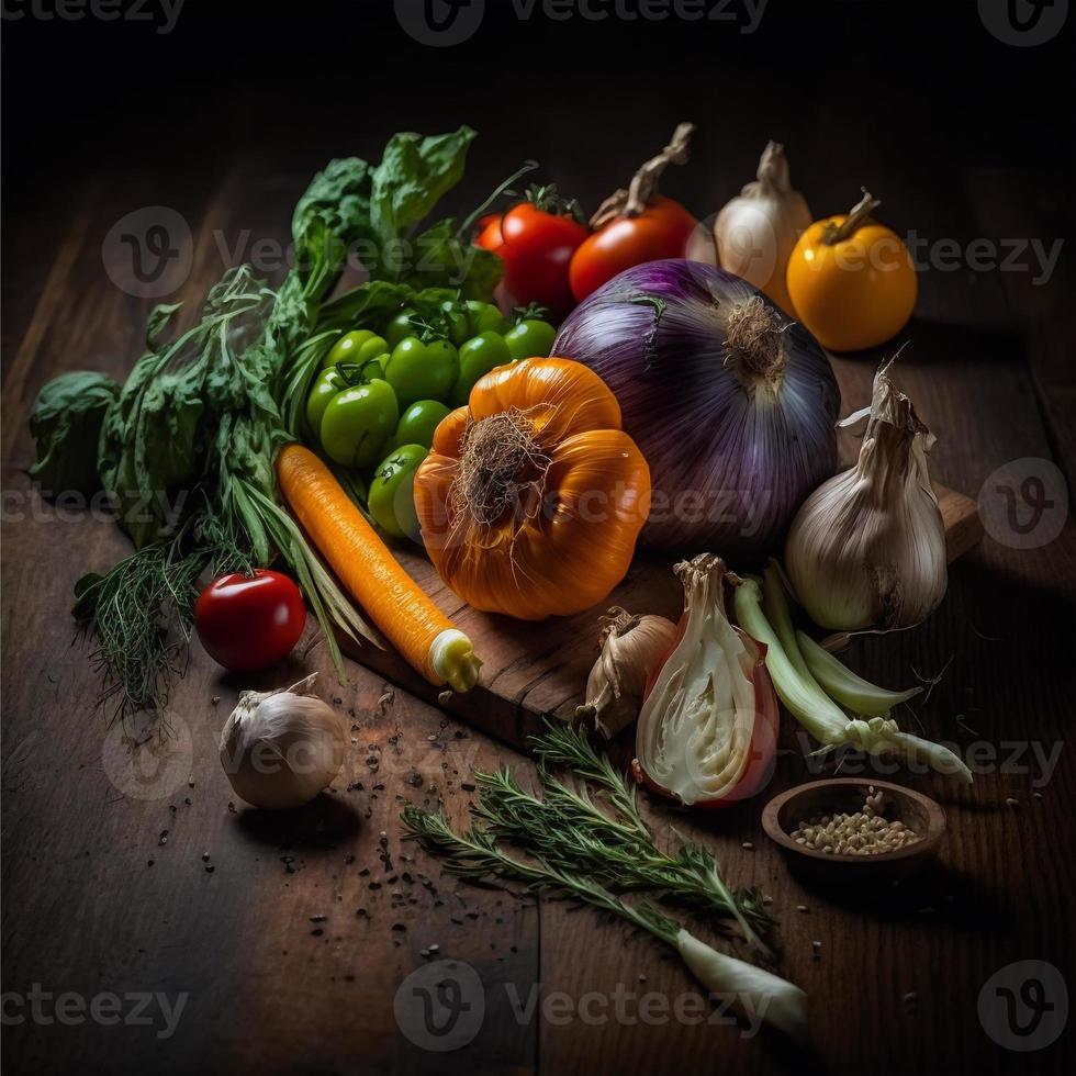 Healthy vegetables on wooden table photo