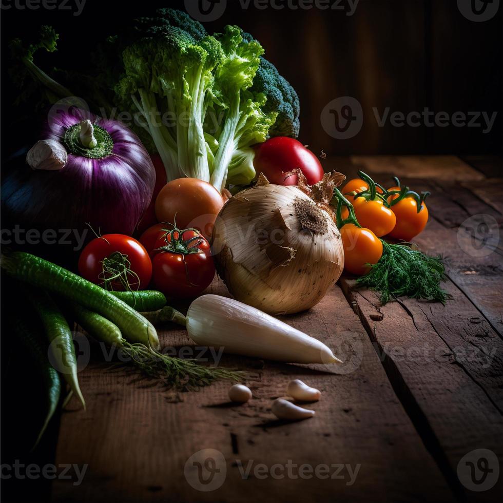 Healthy vegetables on wooden table photo