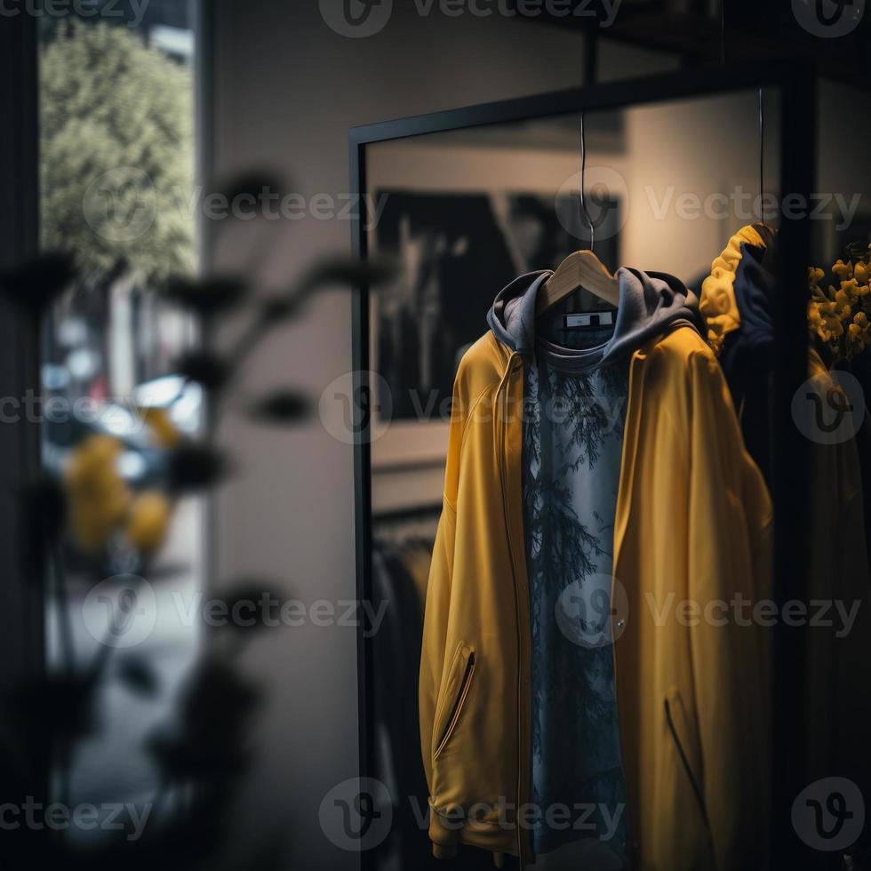 tienda de fotografía para ropa, tienda de ropa en percha en la boutique de la tienda moderna foto