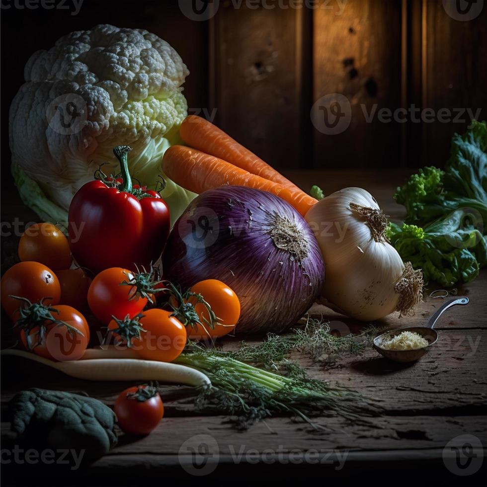 verduras saludables en la mesa de madera foto