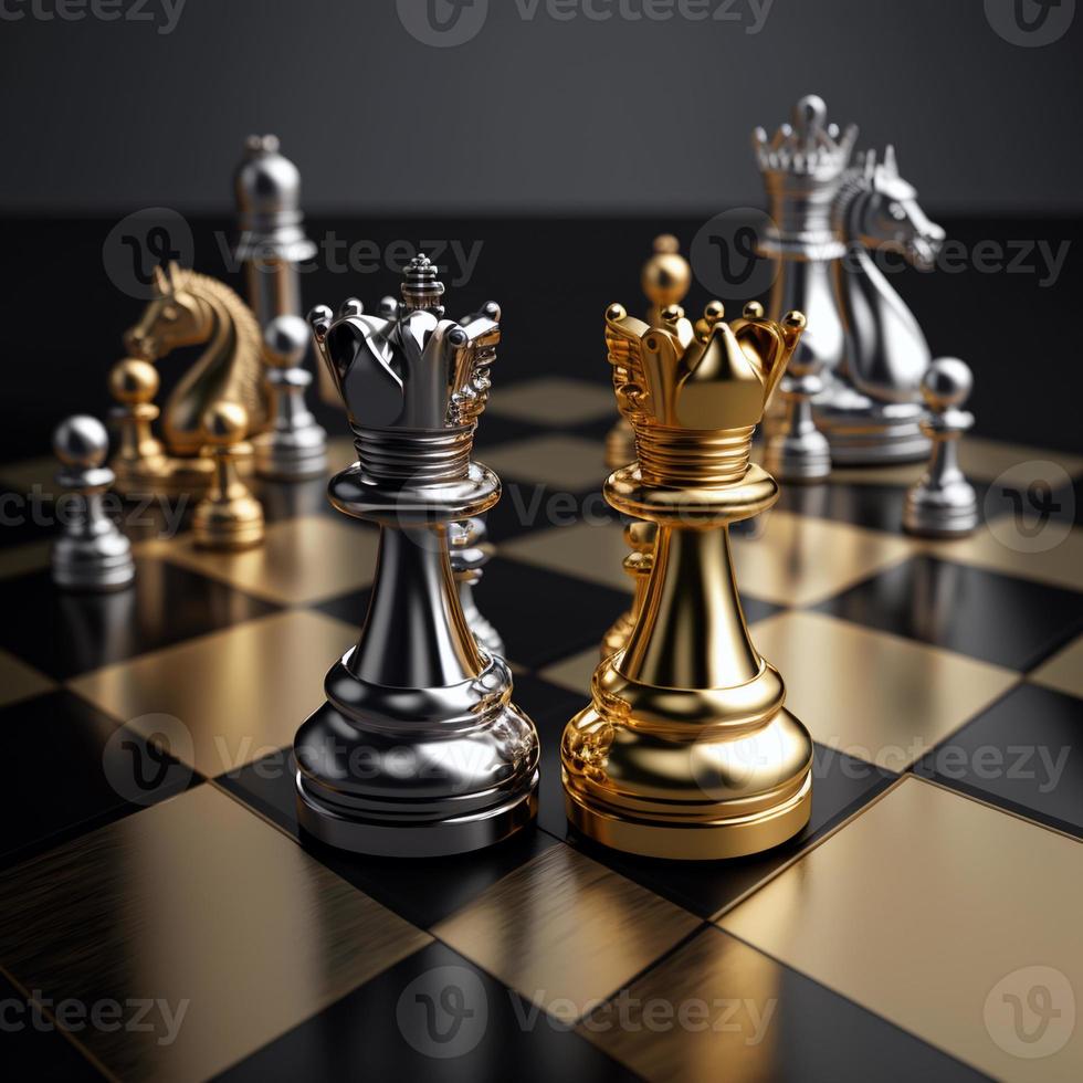 Gold and silver chess on chess board game for business metaphor leadership concept photo