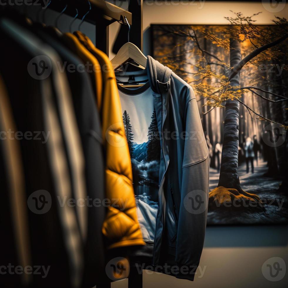 tienda de fotografía para ropa, tienda de ropa en percha en la boutique de la tienda moderna foto