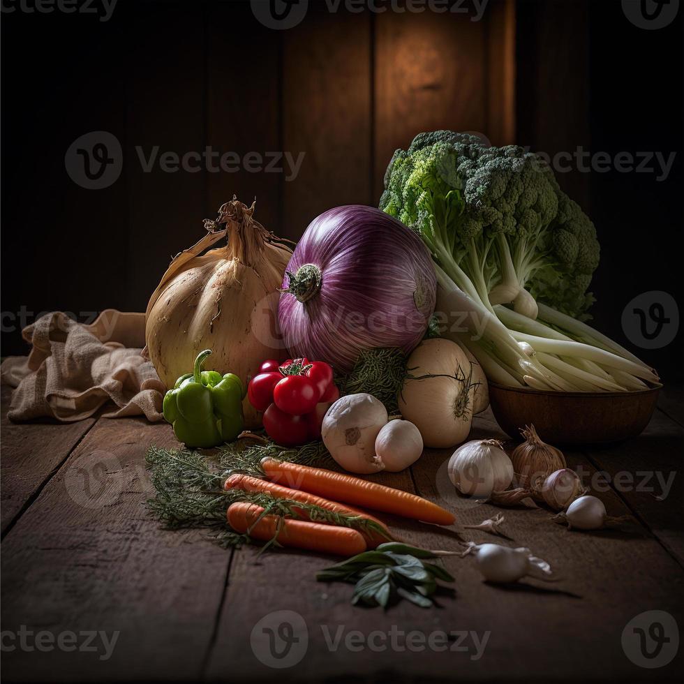 Healthy vegetables on wooden table photo