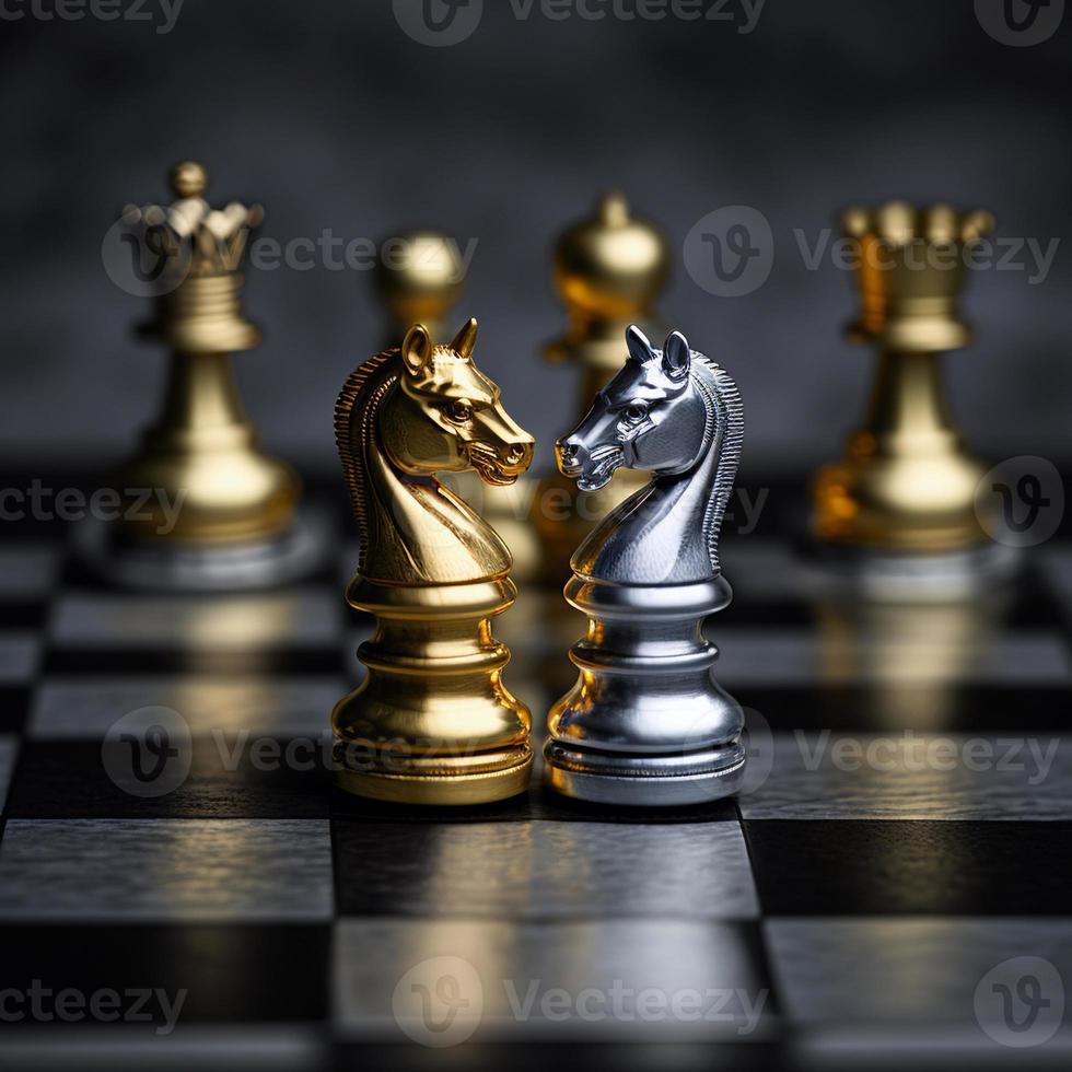 Gold and silver chess on chess board game for business metaphor leadership concept photo