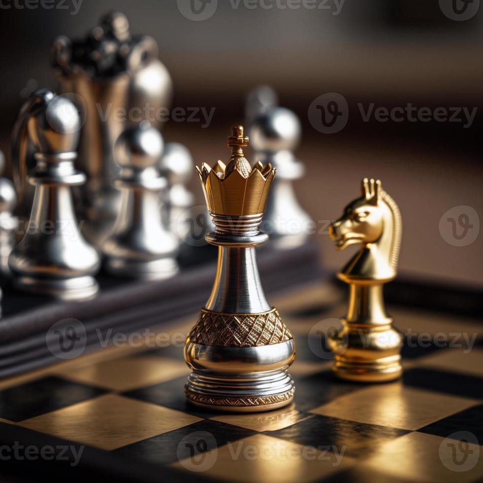 Gold and silver chess on chess board game for business metaphor leadership concept photo