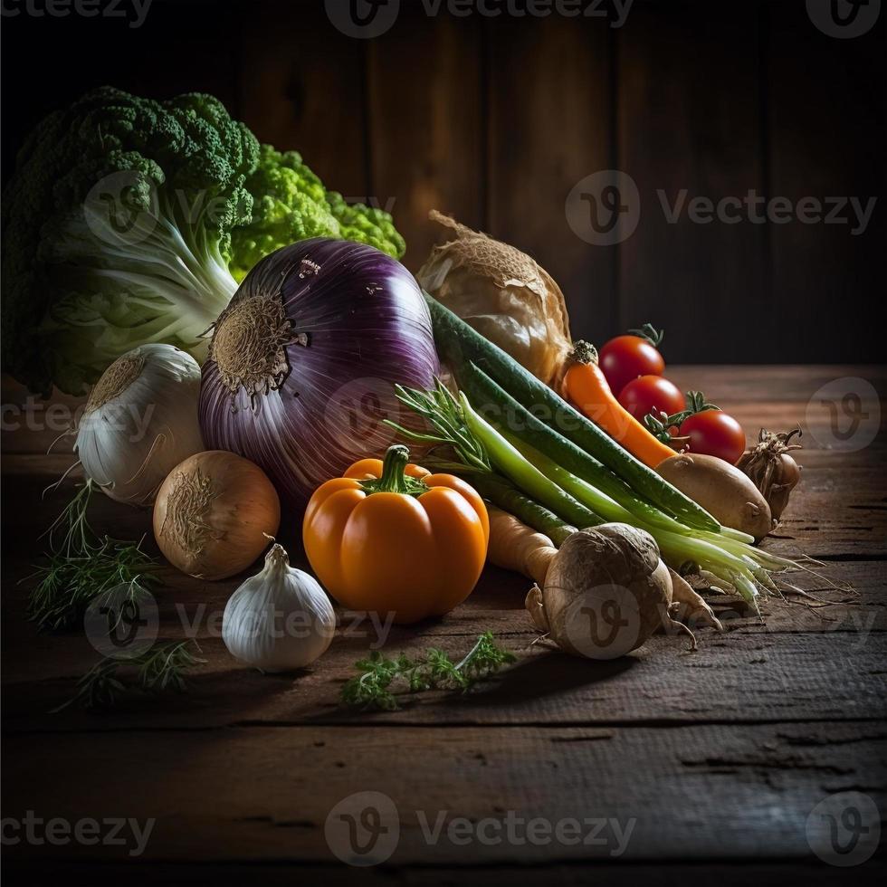 verduras saludables en la mesa de madera foto