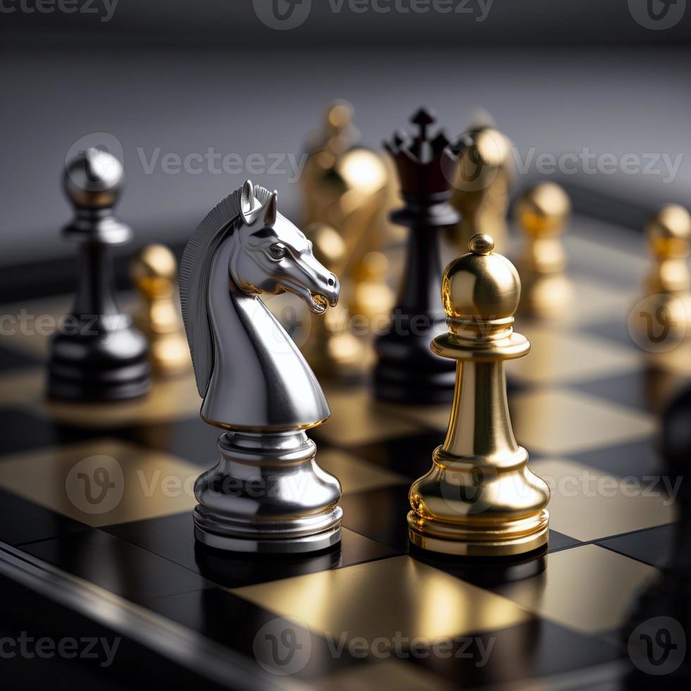 Gold and silver chess on chess board game for business metaphor leadership concept photo