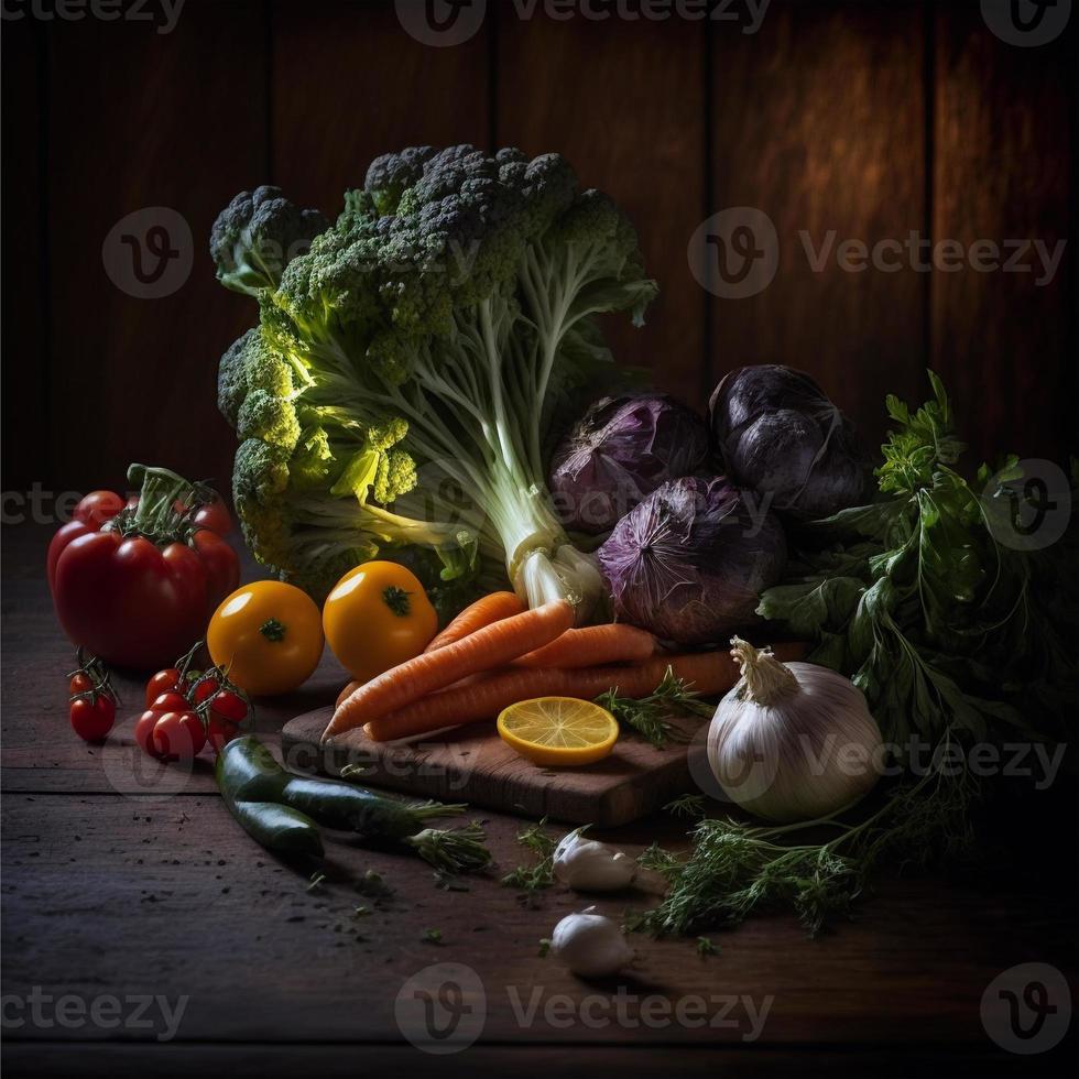 verduras saludables en la mesa de madera foto