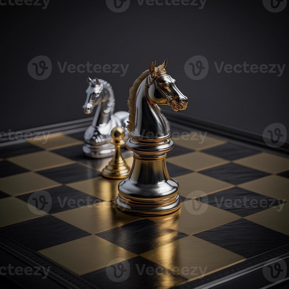 Gold and silver chess on chess board game for business metaphor leadership concept photo