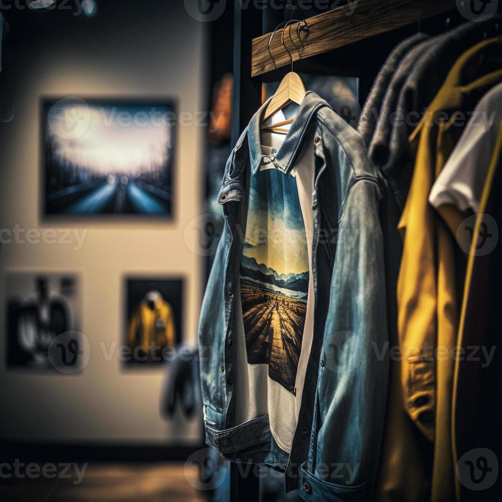 tienda de fotografía para ropa, tienda de ropa en percha en la boutique de la tienda moderna foto