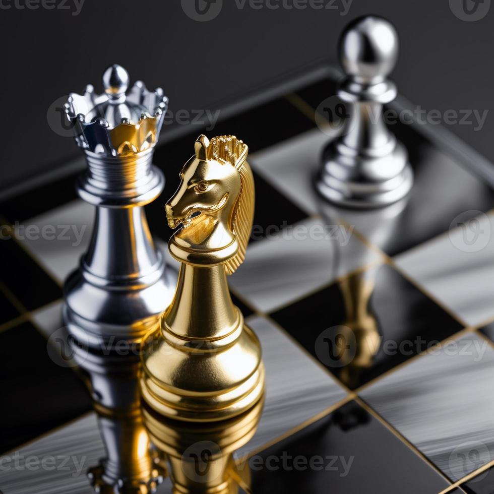 Gold and silver chess on chess board game for business metaphor leadership concept photo