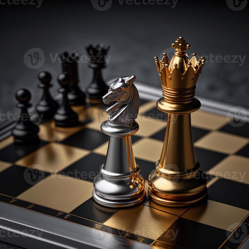 Gold and silver chess on chess board game for business metaphor leadership concept photo