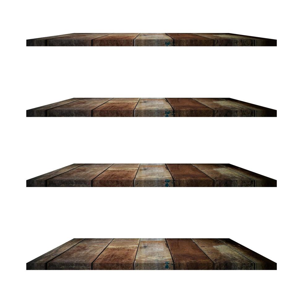 4 old wood shelves table isolated on white background and display montage for product. photo