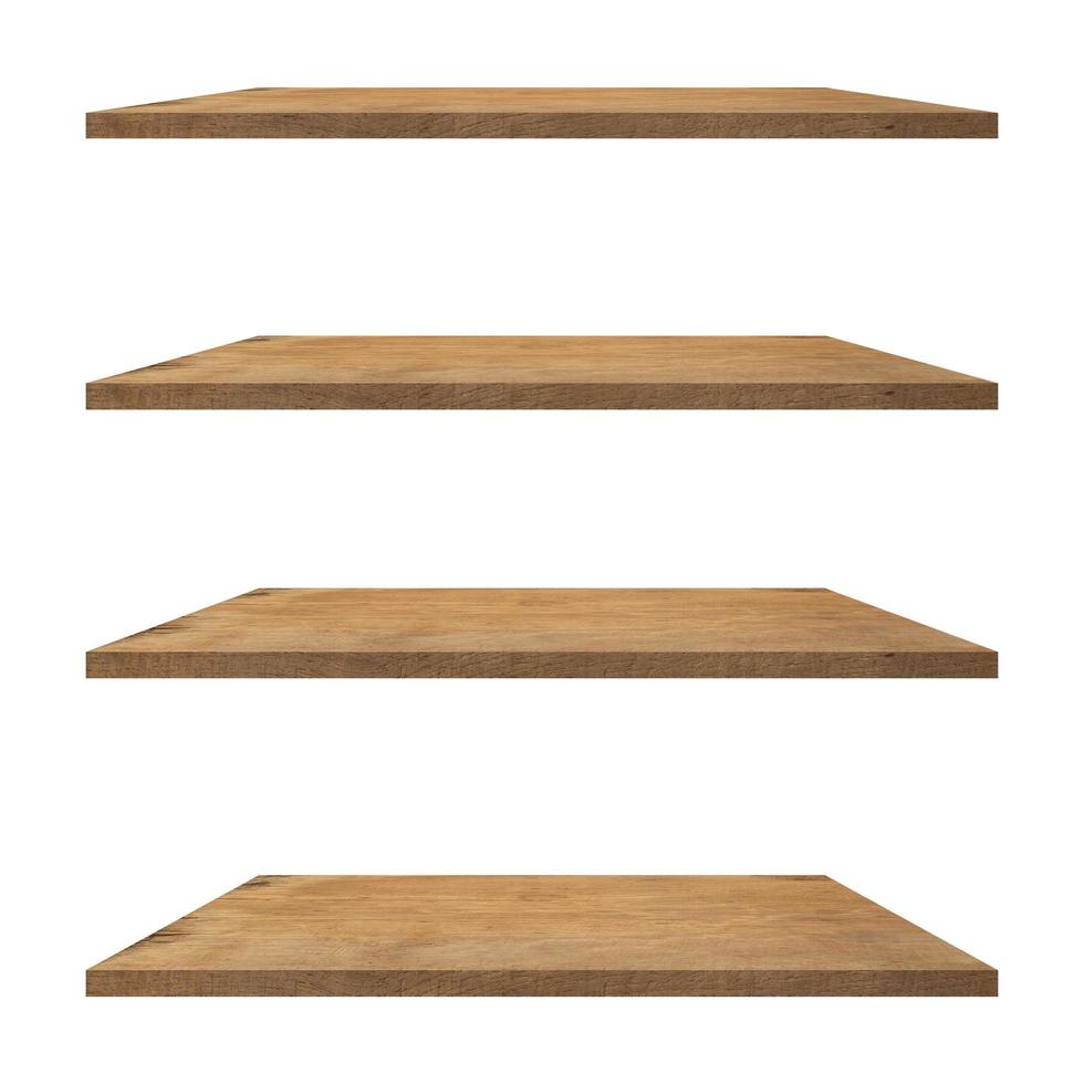4 old wood shelves table isolated on white background and display montage for product. photo