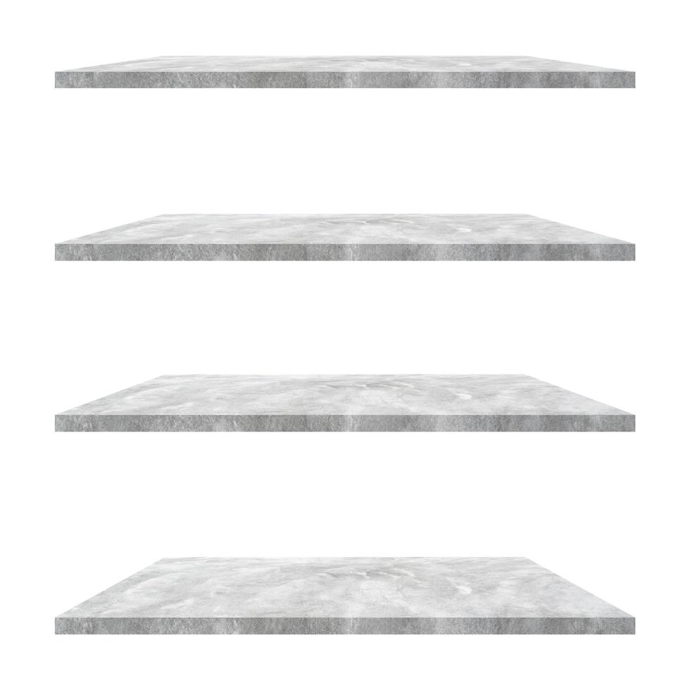 4 concrete shelves table isolated on white background and display montage for product. photo