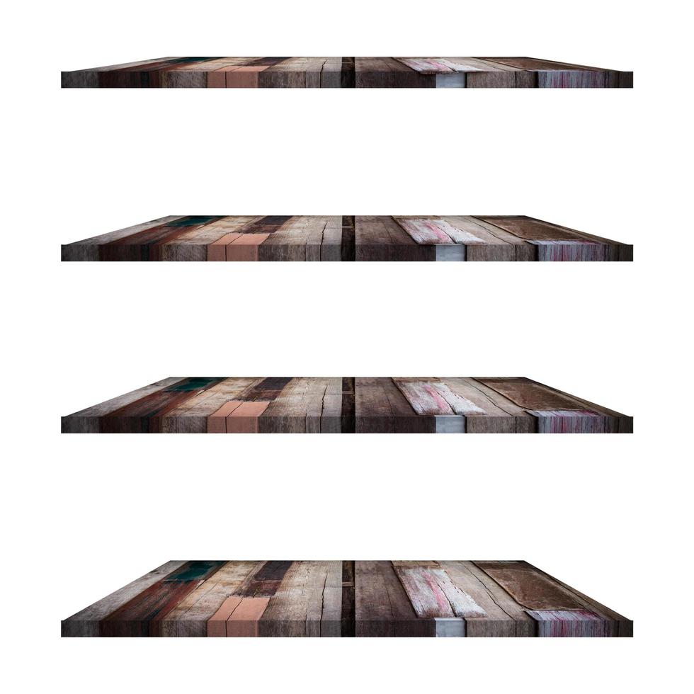 4 old wood shelves table isolated on white background and display montage for product. photo