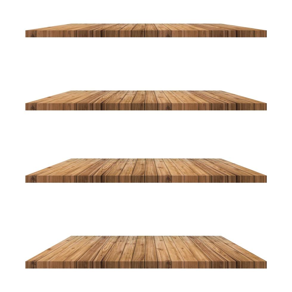 4 old wood shelves table isolated on white background and display montage for product. photo
