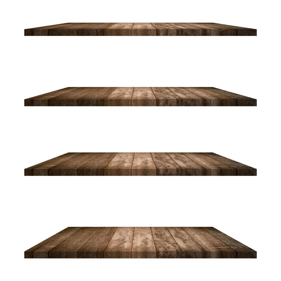 4 old wood shelves table isolated on white background and display montage for product. photo