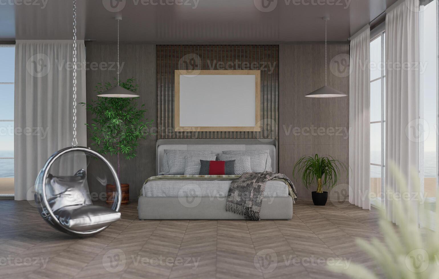 3D mockup blank photo frame in bedroom at pool villa