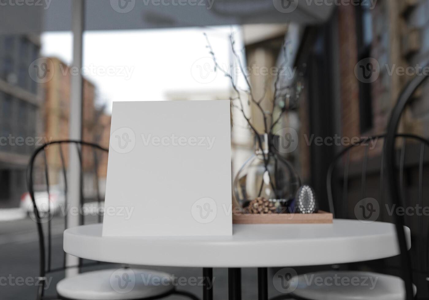 Tablero de menú en blanco de maqueta 3d en la mesa de la representación de la cafetería foto