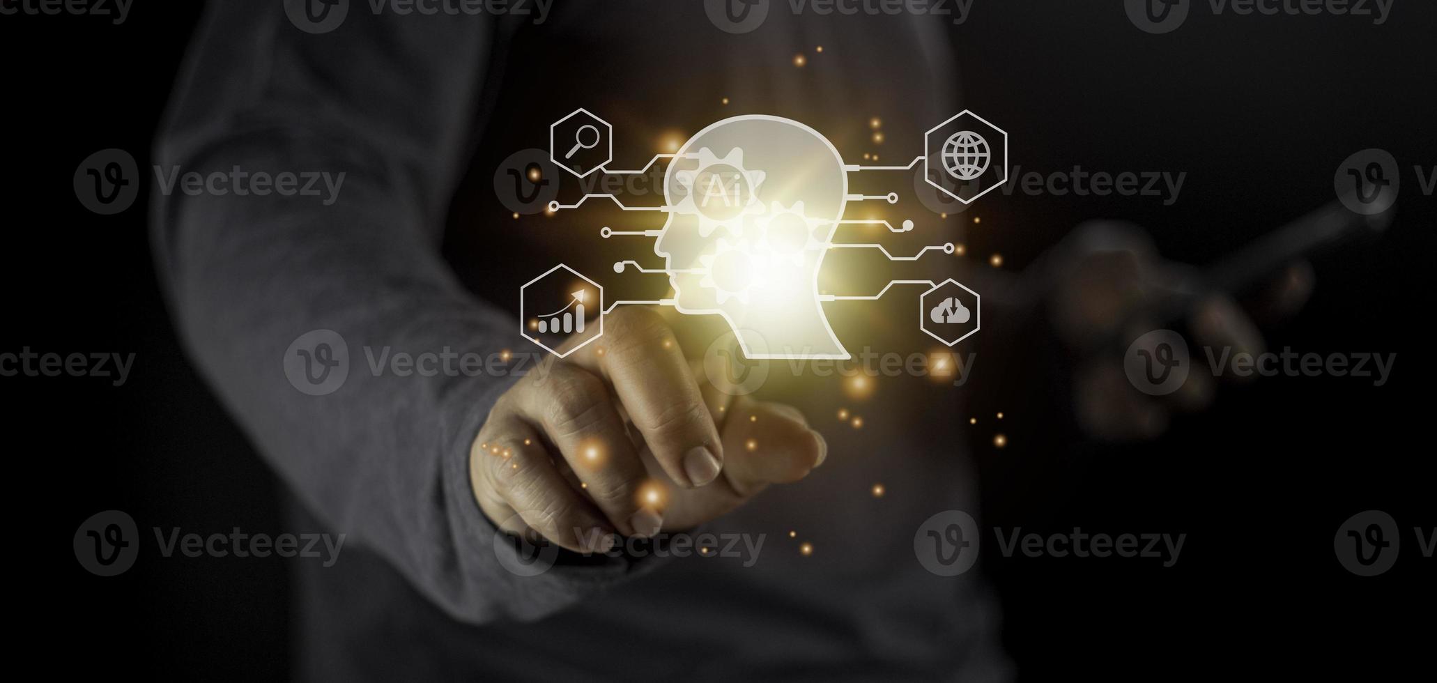 Businessman using light bulbs icon intelligence Ai. Chat bot with AI Artificial Intelligence, Futuristic technology, robot in online system. photo