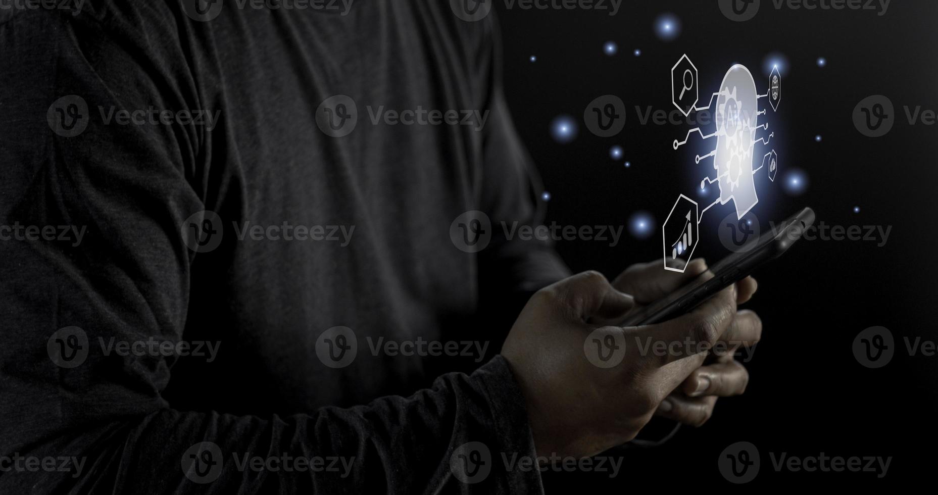Businessman using light bulbs icon intelligence Ai. Chat bot with AI Artificial Intelligence, Futuristic technology, robot in online system. photo