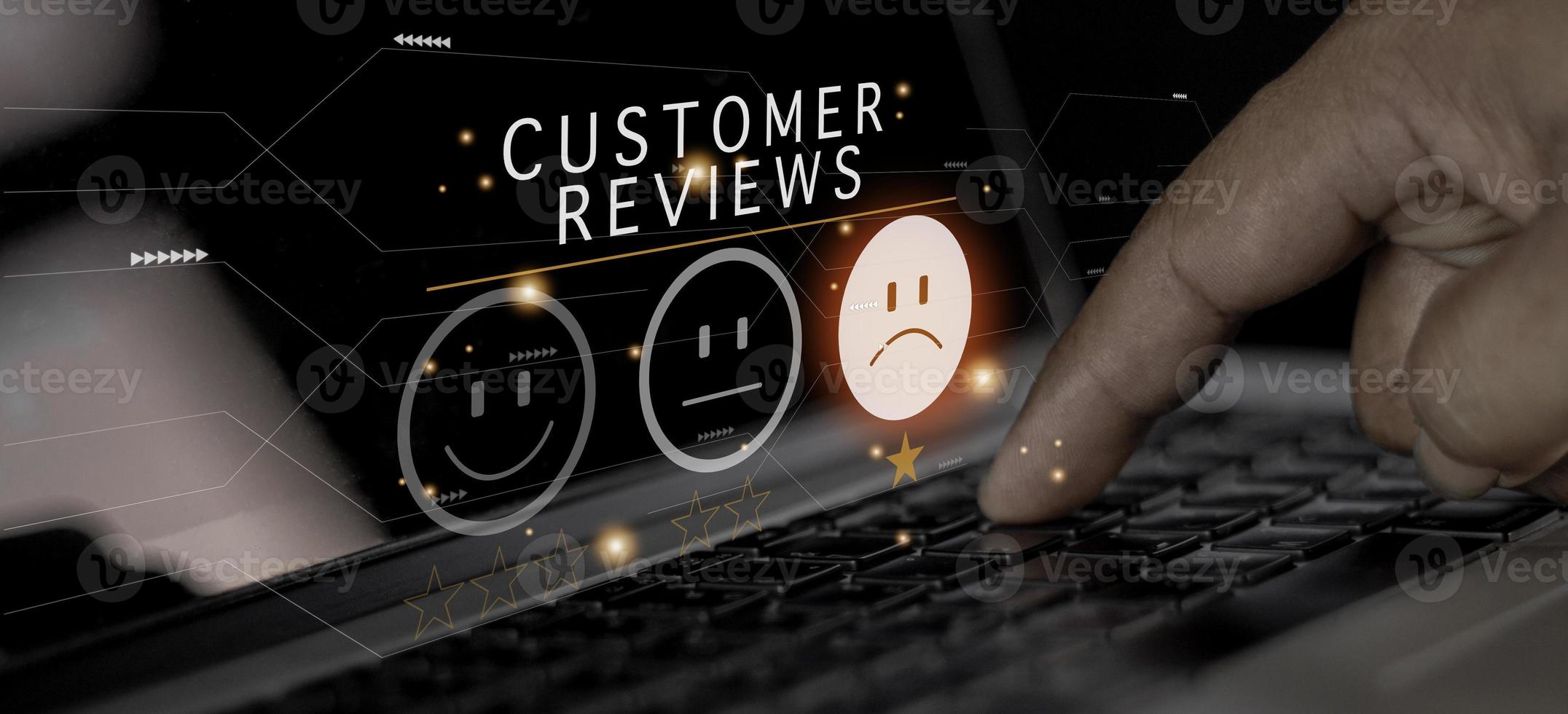 Customer Experience dissatisfied Concept, Unhappy Businessman Client with Sadness Emotion Face on smartphone screen, Bad review, bad service dislike bad quality, low rating, social media not good. photo