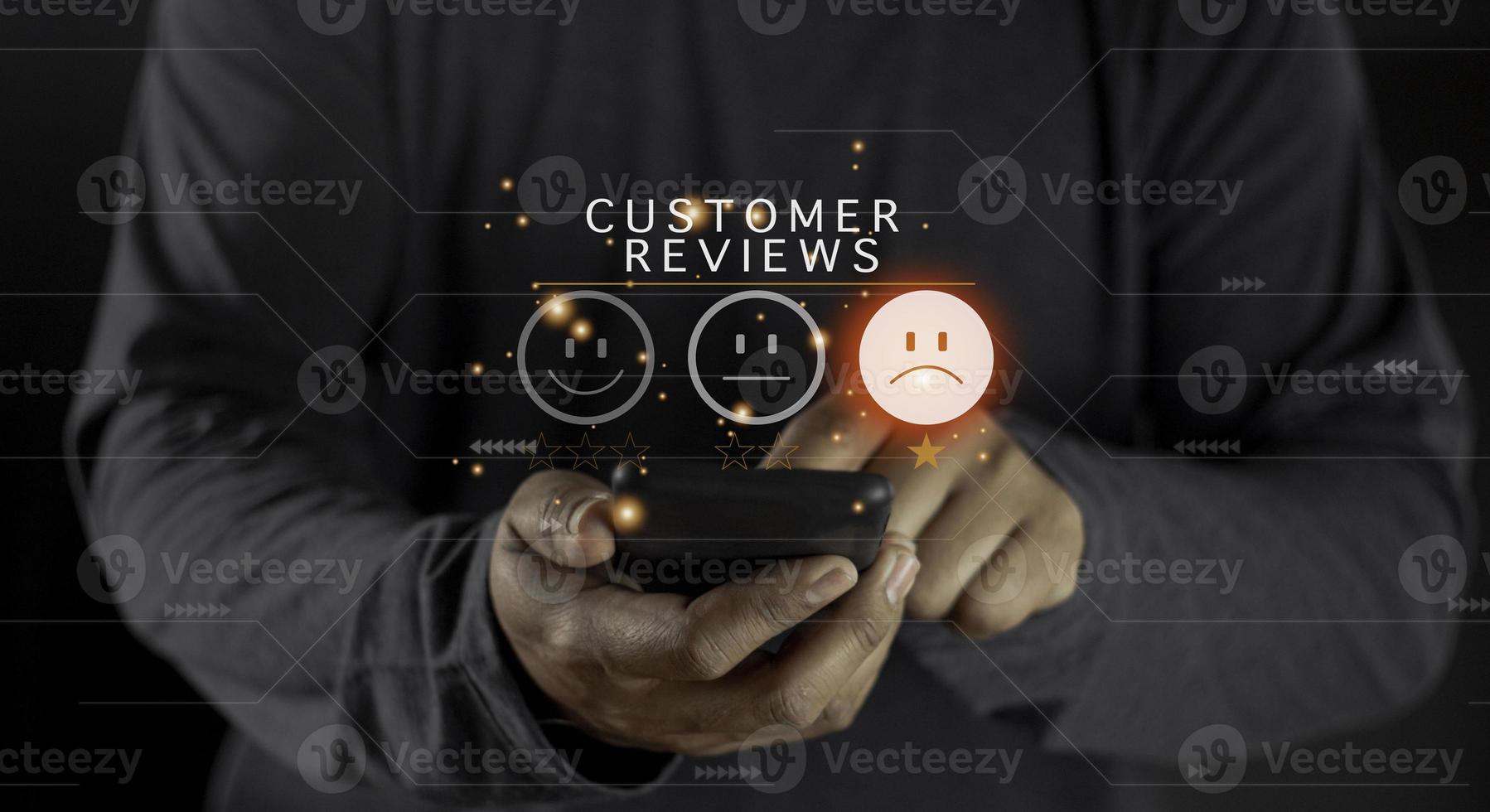 Customer Experience dissatisfied Concept, Unhappy Businessman Client with Sadness Emotion Face on smartphone screen, Bad review, bad service dislike bad quality, low rating, social media not good. photo