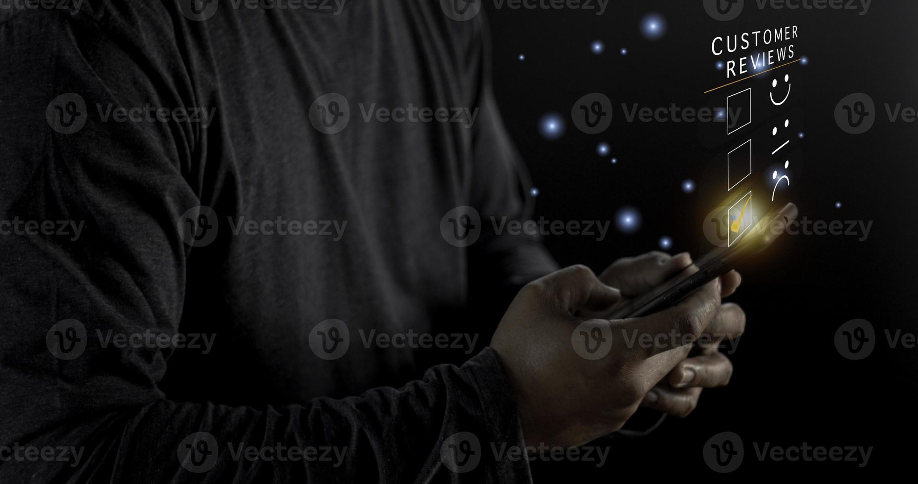 Customer Experience dissatisfied Concept, Unhappy Businessman Client with Sadness Emotion Face on smartphone screen, Bad review, bad service dislike bad quality, low rating, social media not good. photo