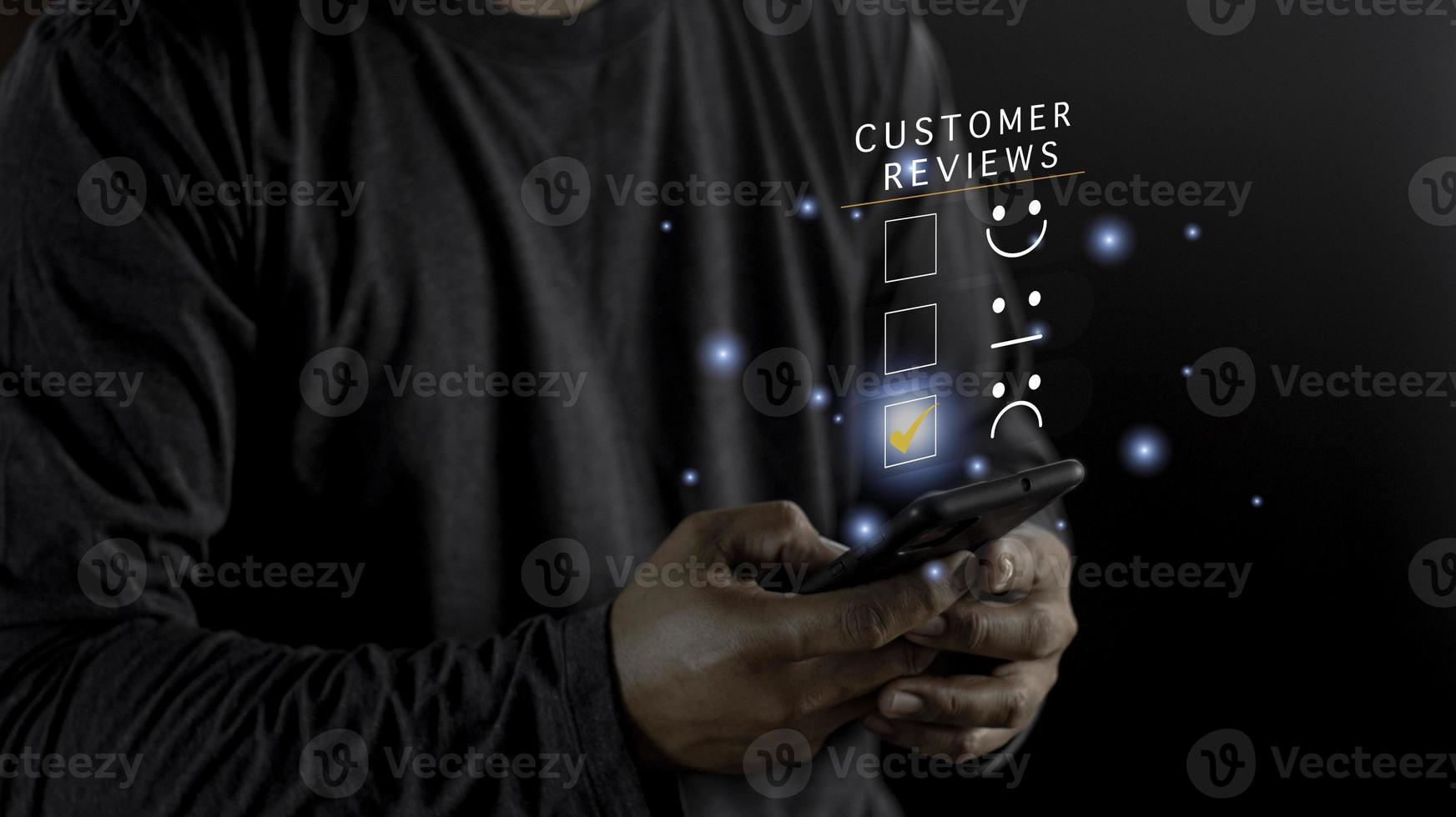 Customer Experience dissatisfied Concept, Unhappy Businessman Client with Sadness Emotion Face on smartphone screen, Bad review, bad service dislike bad quality, low rating, social media not good. photo