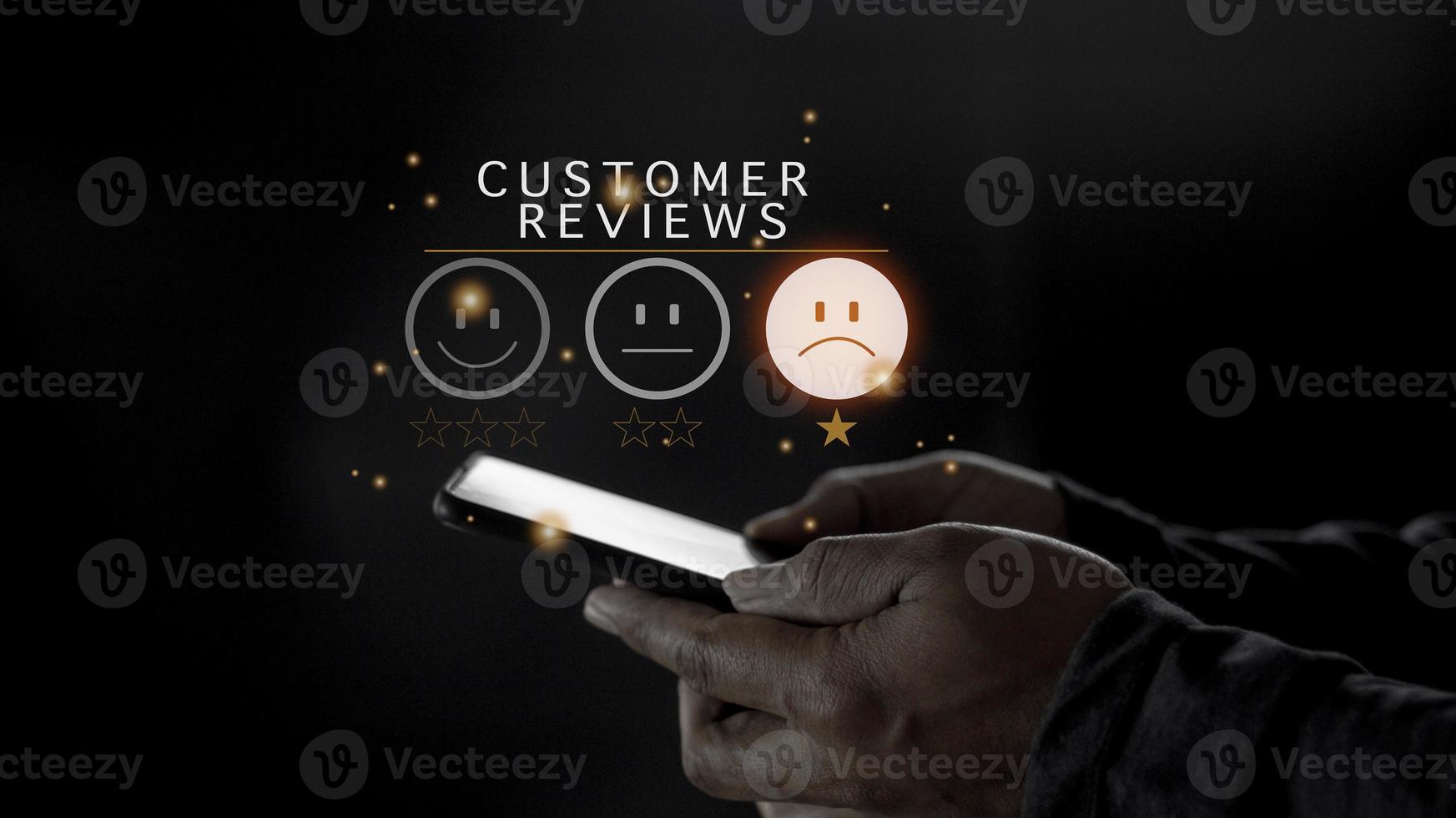 Customer Experience dissatisfied Concept, Unhappy Businessman Client with Sadness Emotion Face on smartphone screen, Bad review, bad service dislike bad quality, low rating, social media not good. photo