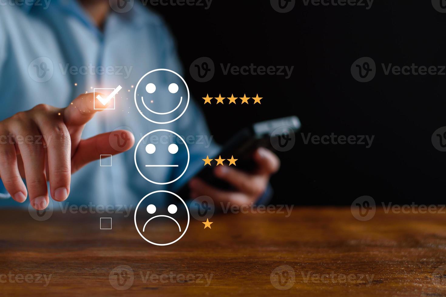 Customer service and Satisfaction ,Business people giving Feedback via the Internet from smart phone. Positive Review. Client Satisfaction Surveys, good, best product and service. Excellence guarantee photo