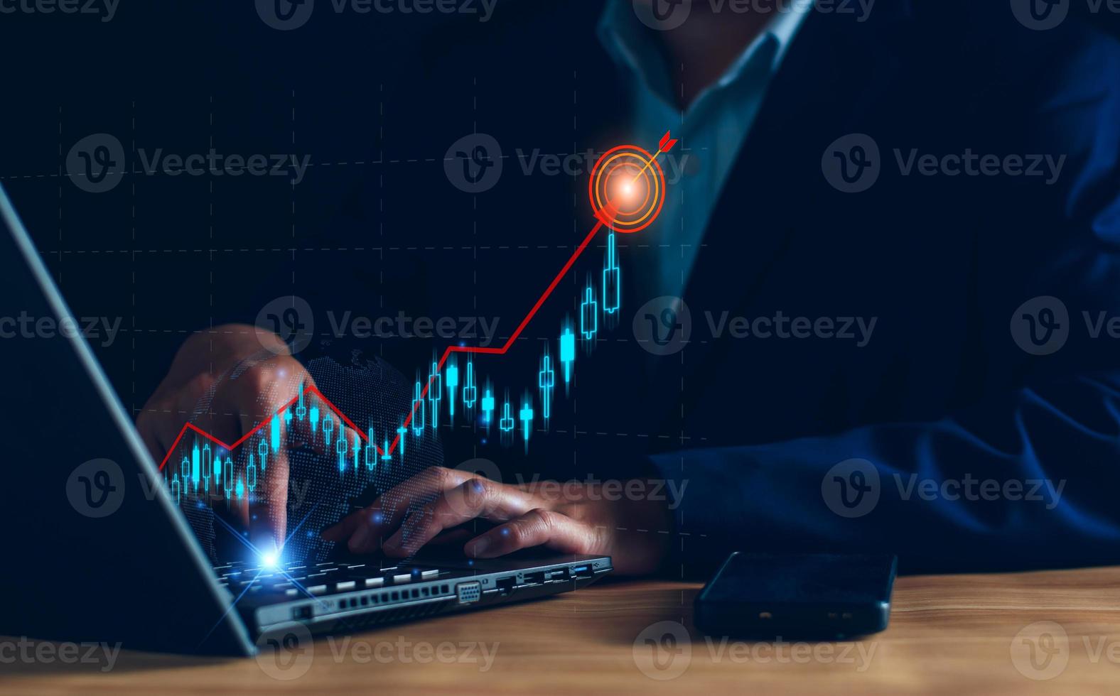 Business analysis, company profits. Businessman analyzing profit chart trends, making investment plans, trading stocks, economic trends, setting future goals. Analyze investment risks. photo