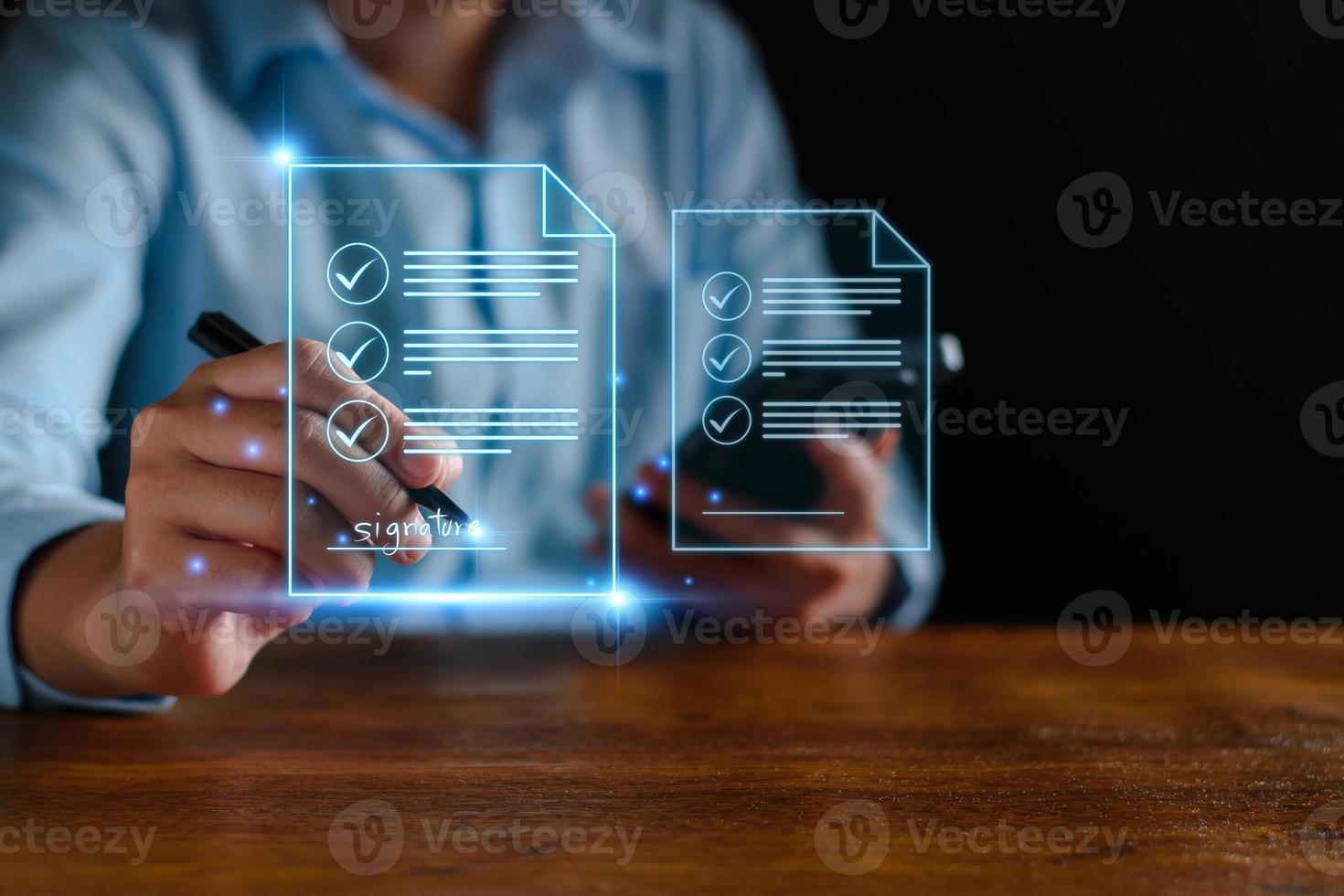 Electronic signature business concept. Manager is electronic signing investment approval, business approved, executing plan, project approved. digital signature. electronic documents, digital business photo