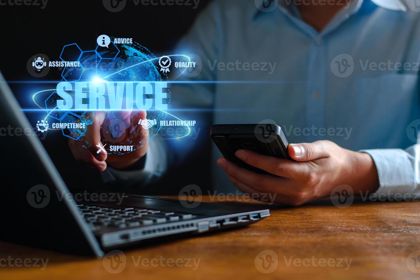Business service online digital technology. Businessman touching digital globe hologram. Quality business relationship. customer service advice and support. Technology robot assistance online services photo