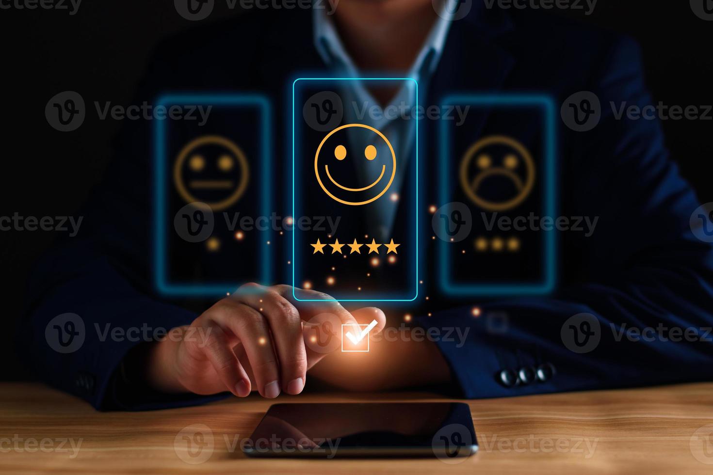 Customer service and Satisfaction ,business man giving Feedback satisfaction. Positive Review. Client Satisfaction Surveys, good, happy mood, smile, best product and service. Excellence guarantee. photo