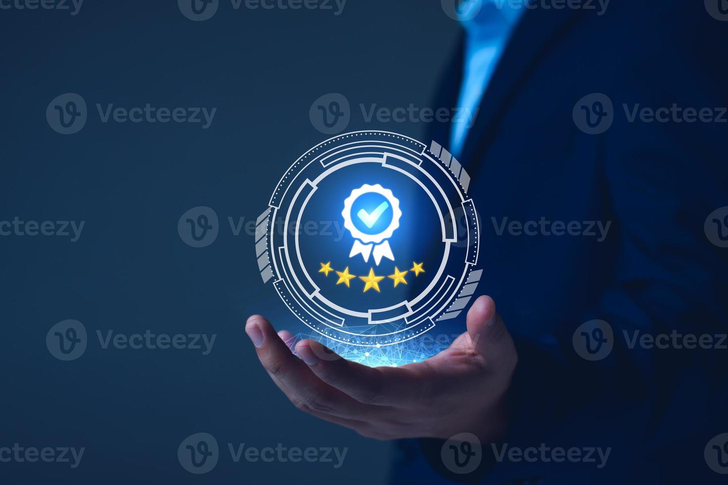 Quality Assurance Concept. Business people show high quality assurance mark, good service, premium, digital signature, premium service assurance, excellence service, high quality, excellence guarantee photo