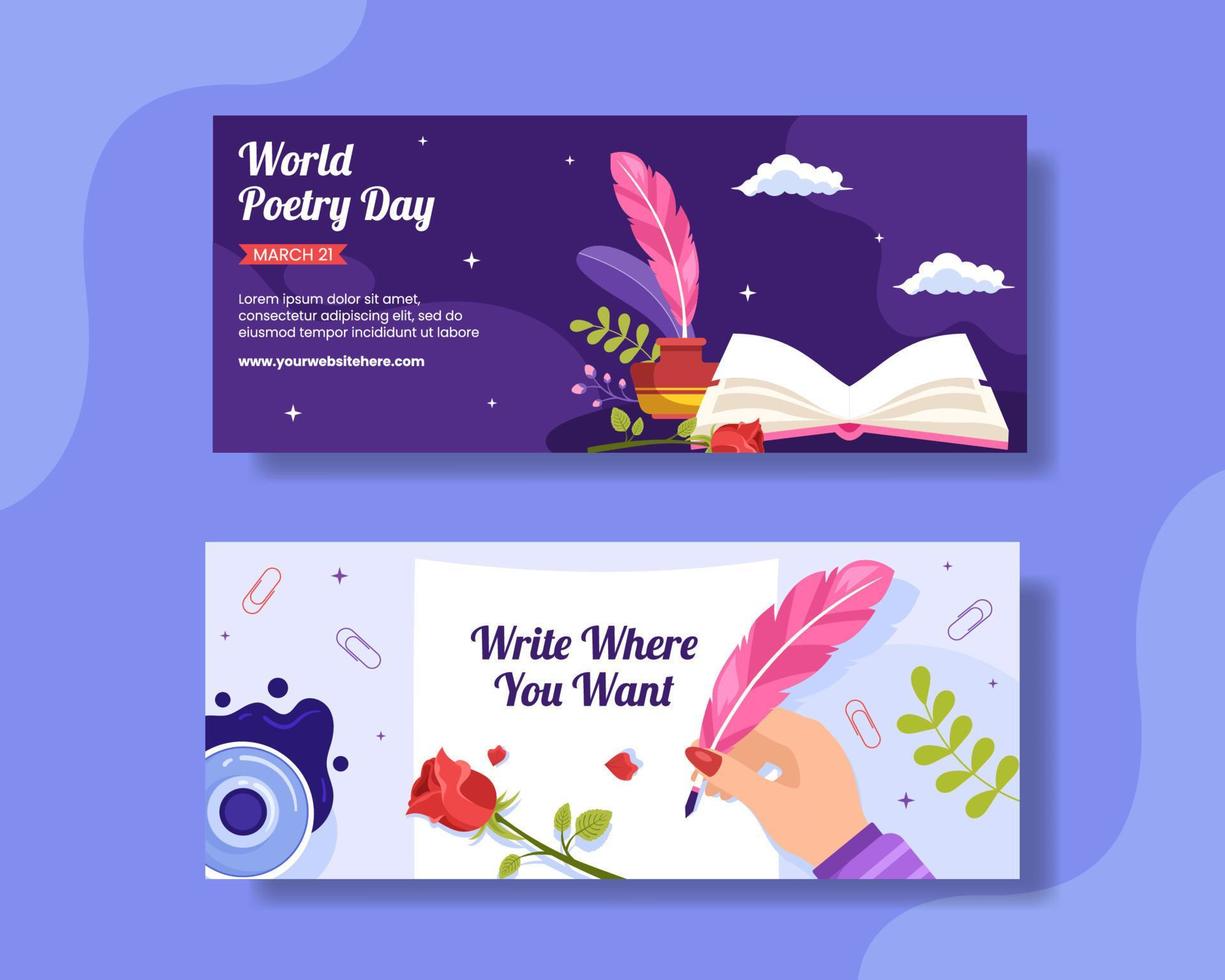 banner horizontal del día mundial de la poesía con ilustración de plantillas dibujadas a mano de dibujos animados planos de papel y pluma vector