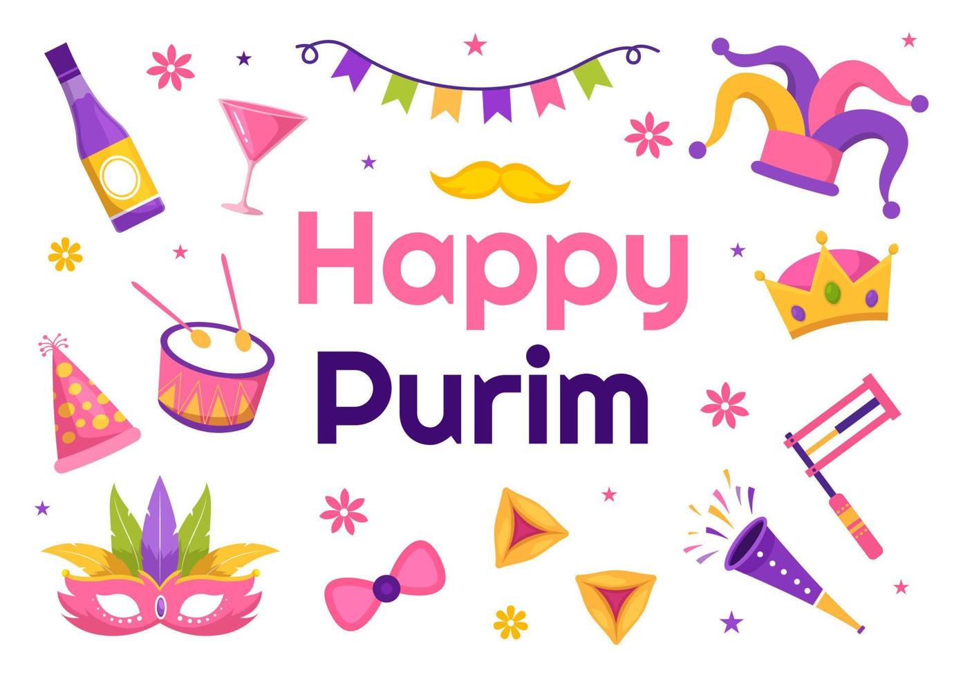 feliz ilustración de purim con máscaras de carnaval, festividad judía y parque de atracciones en dibujos animados planos dibujados a mano para banner web o plantillas de página de inicio vector