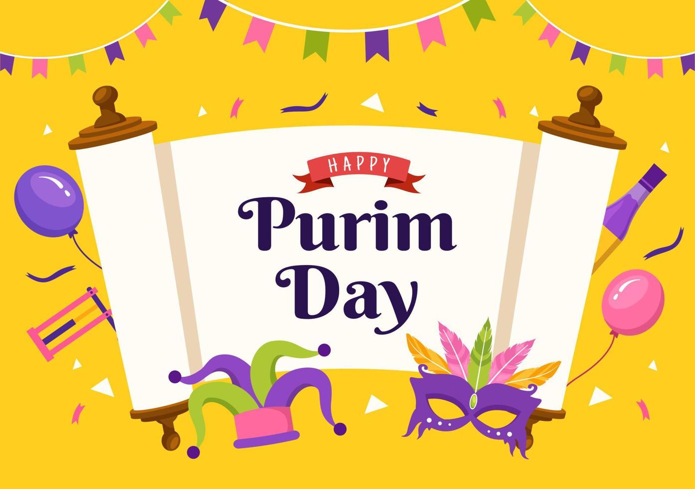 Happy Purim Illustration with Carnival Masks, Jewish Holiday and Funfair in Flat Cartoon Hand Drawn for Web Banner or Landing Page Templates vector