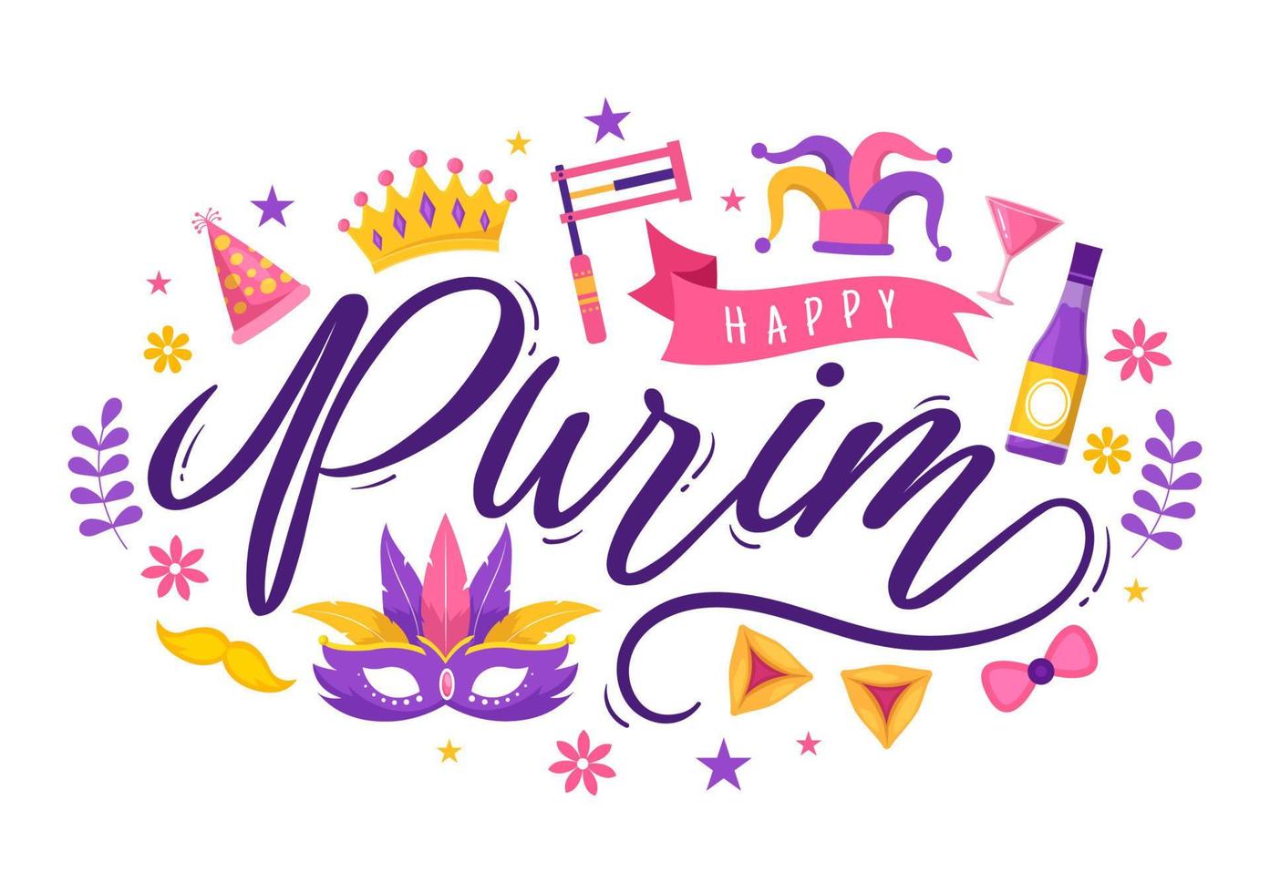 feliz ilustración de purim con máscaras de carnaval, festividad judía y parque de atracciones en dibujos animados planos dibujados a mano para banner web o plantillas de página de inicio vector