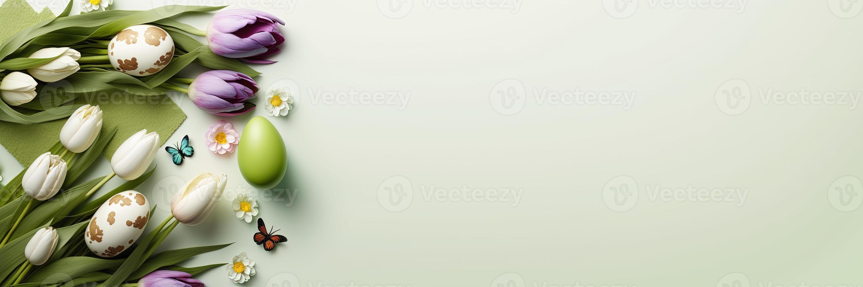 Decorated Tulips and Eggs On a Soft Green Background for An Easter Banner photo