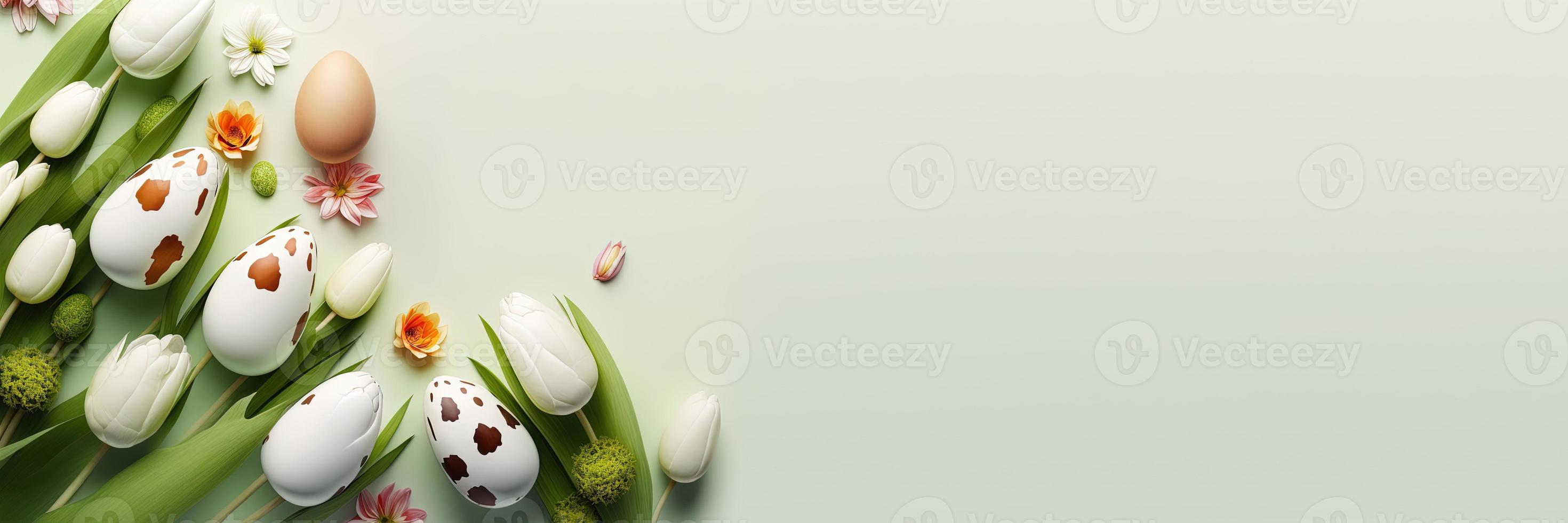 Decorated Tulips and Eggs with Copy Space for Easter Celebration Banner photo