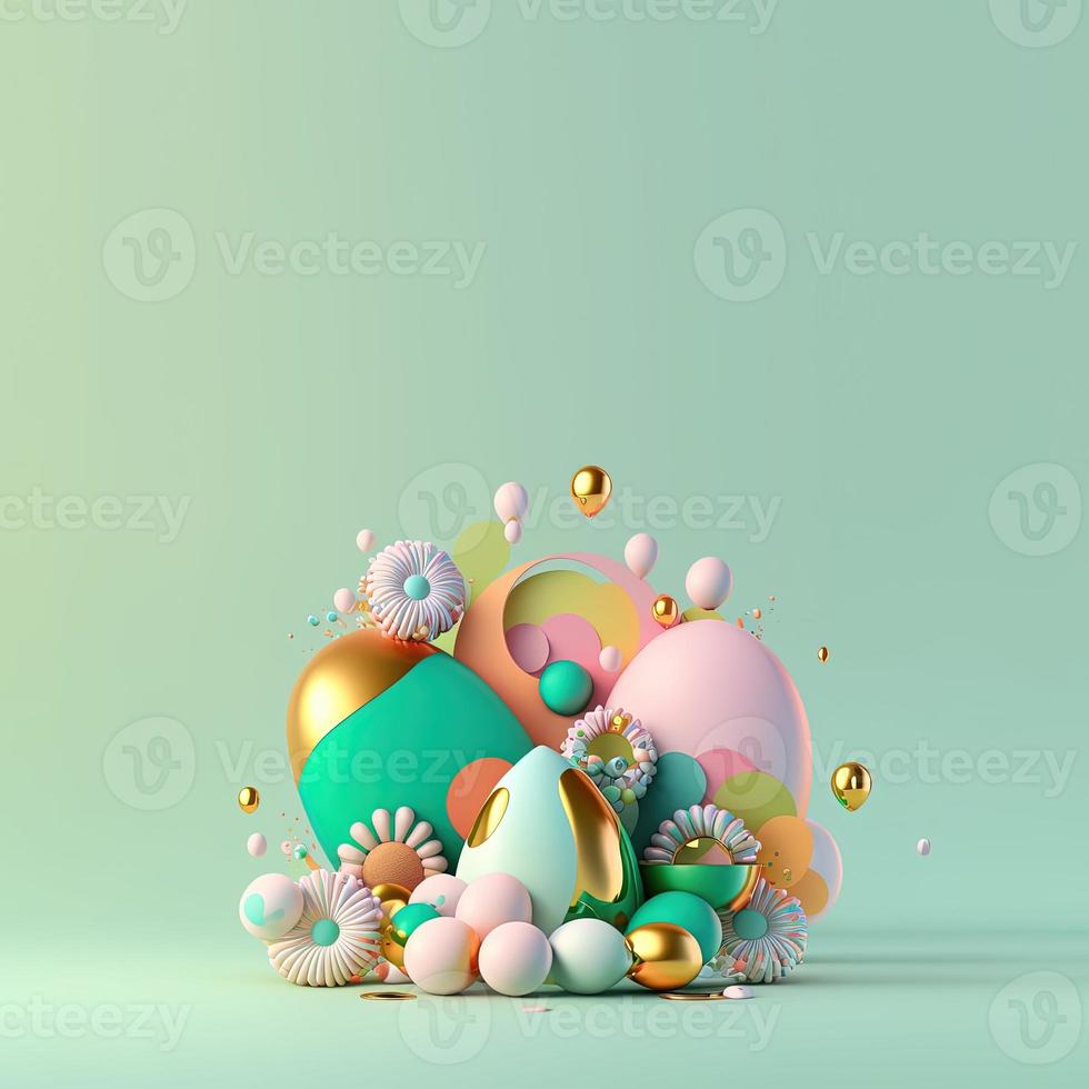 Easter Celebration Greeting Card with Copy Space In Shiny 3D Eggs and Flower Ornaments photo