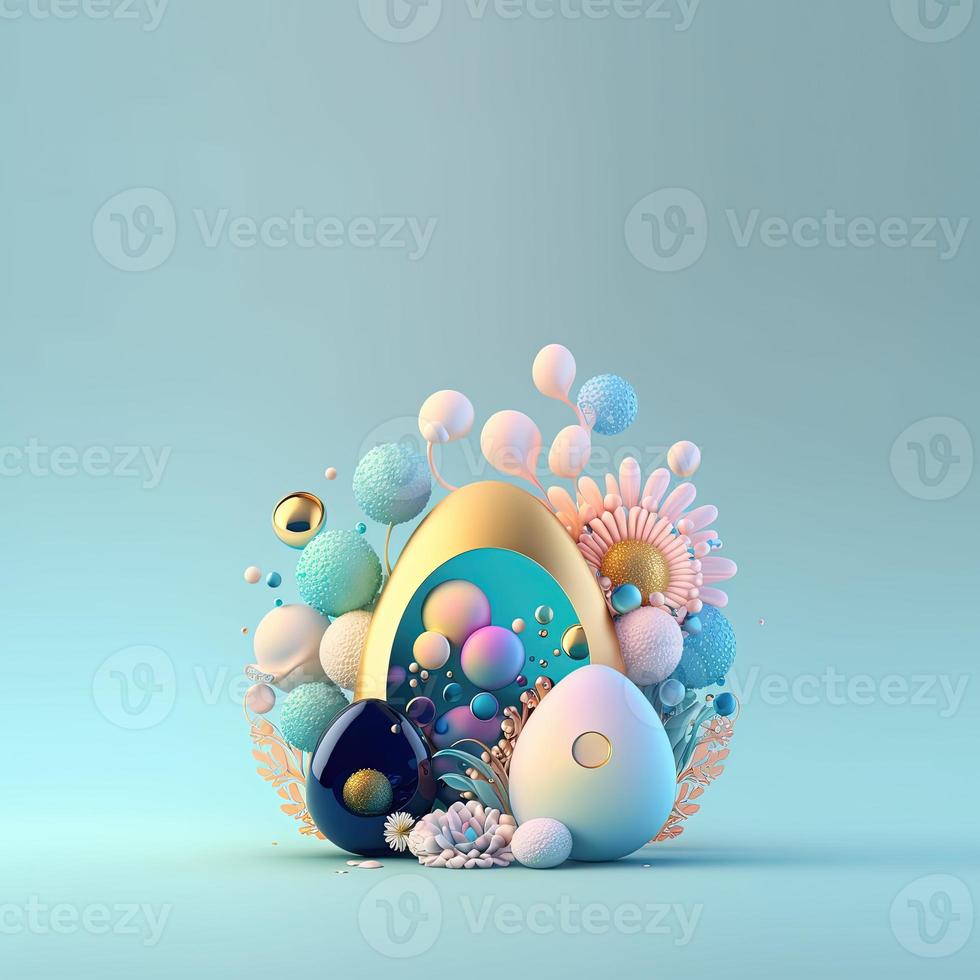 Happy Easter Illustration Background with Copy Space In Shiny 3D Eggs and Flower Ornaments photo