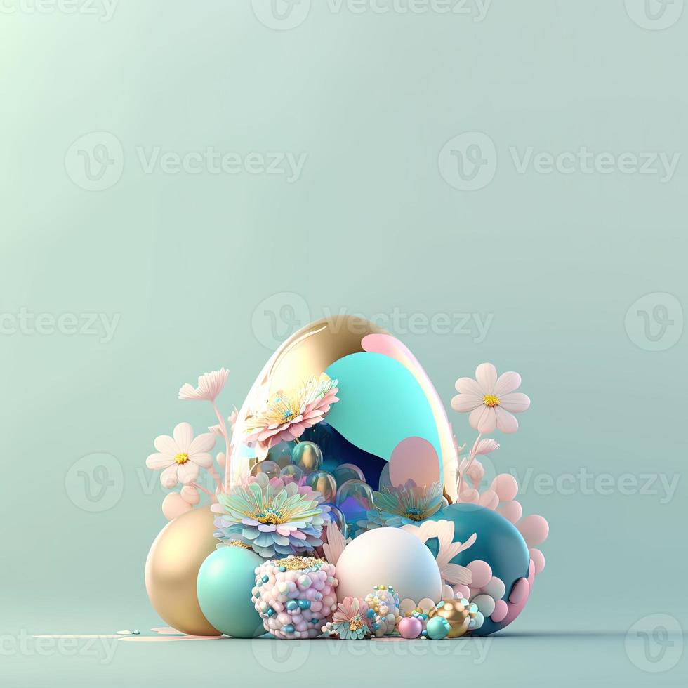 Happy Easter Illustration Background with Copy Space In Glosy 3D Eggs and Flower Ornaments photo