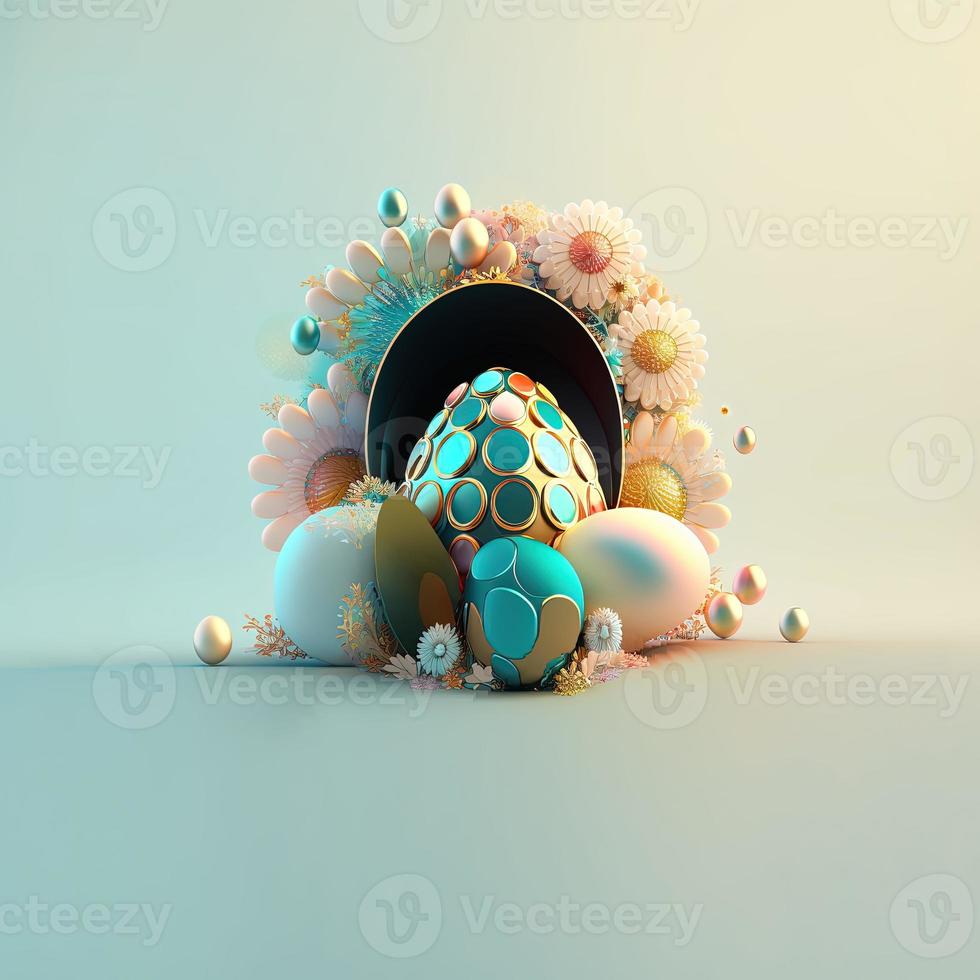 Happy Easter Celebration Background with Glosy 3D Eggs and Flower Ornaments photo